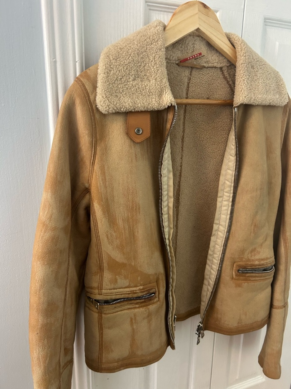 Authentic Prada Tan Shearling-Lined Jacket with Red Logo Tab - Picture 3 of 16